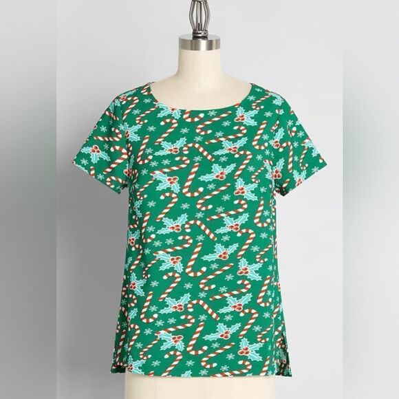 Modcloth Delightful Demeanor Christmas Blouse Candy Cane Green Red M NWT - Picture 1 of 11